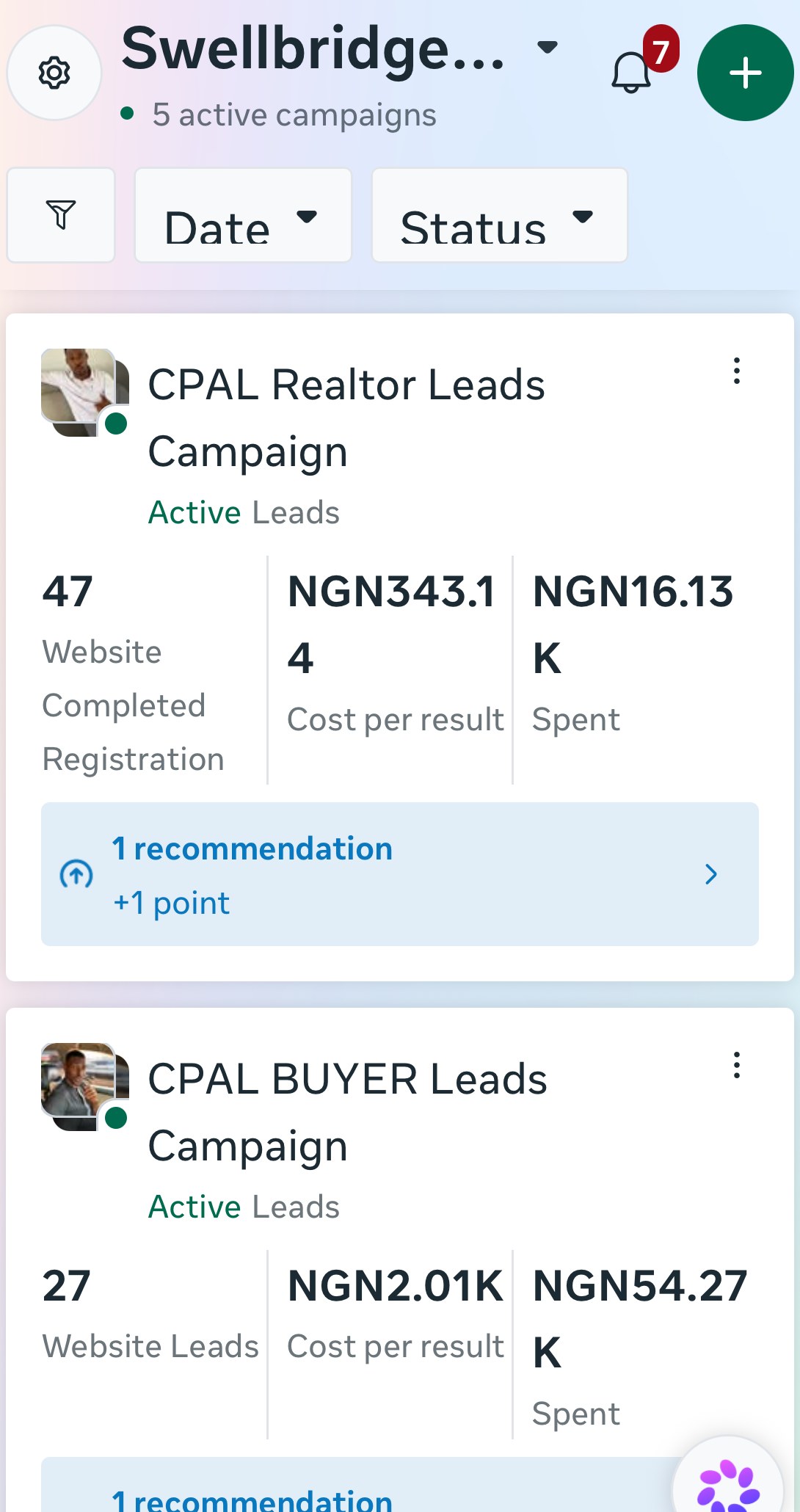 Meta Ads Manager showing the CPAL realtor and buyer campaigns with cost per result