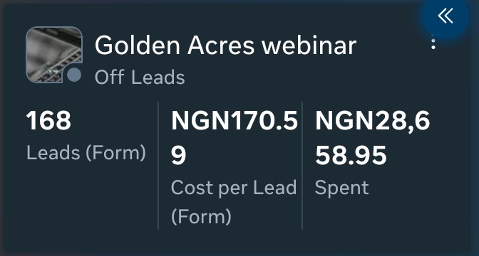 Golden Acres webinar campaign: 168 leads at 170.59 naira each