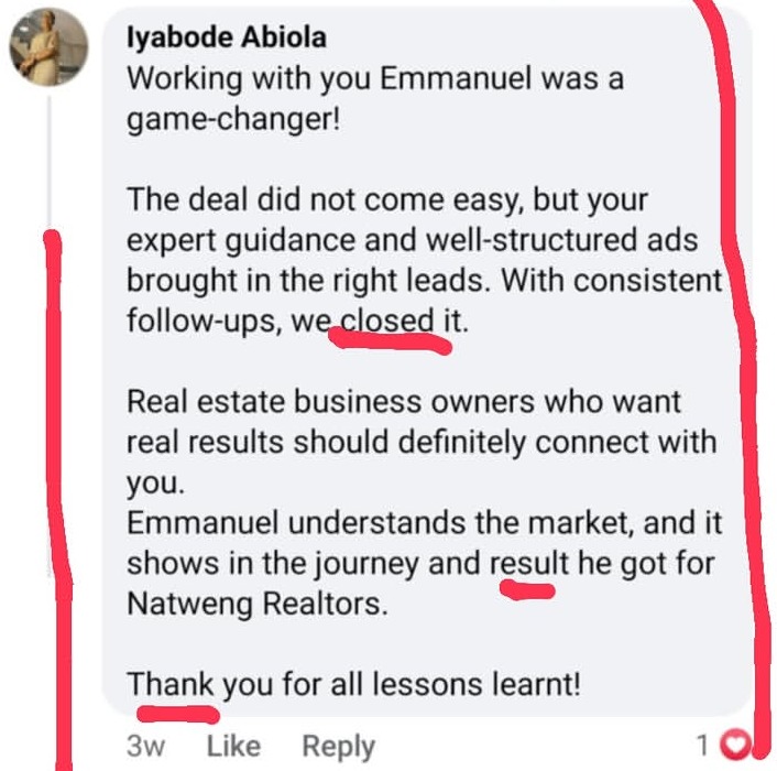 Public Facebook comment from Iyabode Abiola of Natweng Realtors crediting the campaign for a closed deal