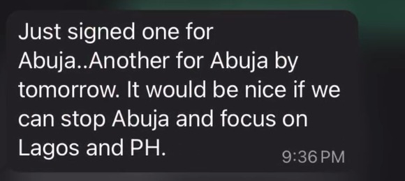 Client WhatsApp message reporting a partner signed in Abuja and asking to focus on Lagos and Port Harcourt